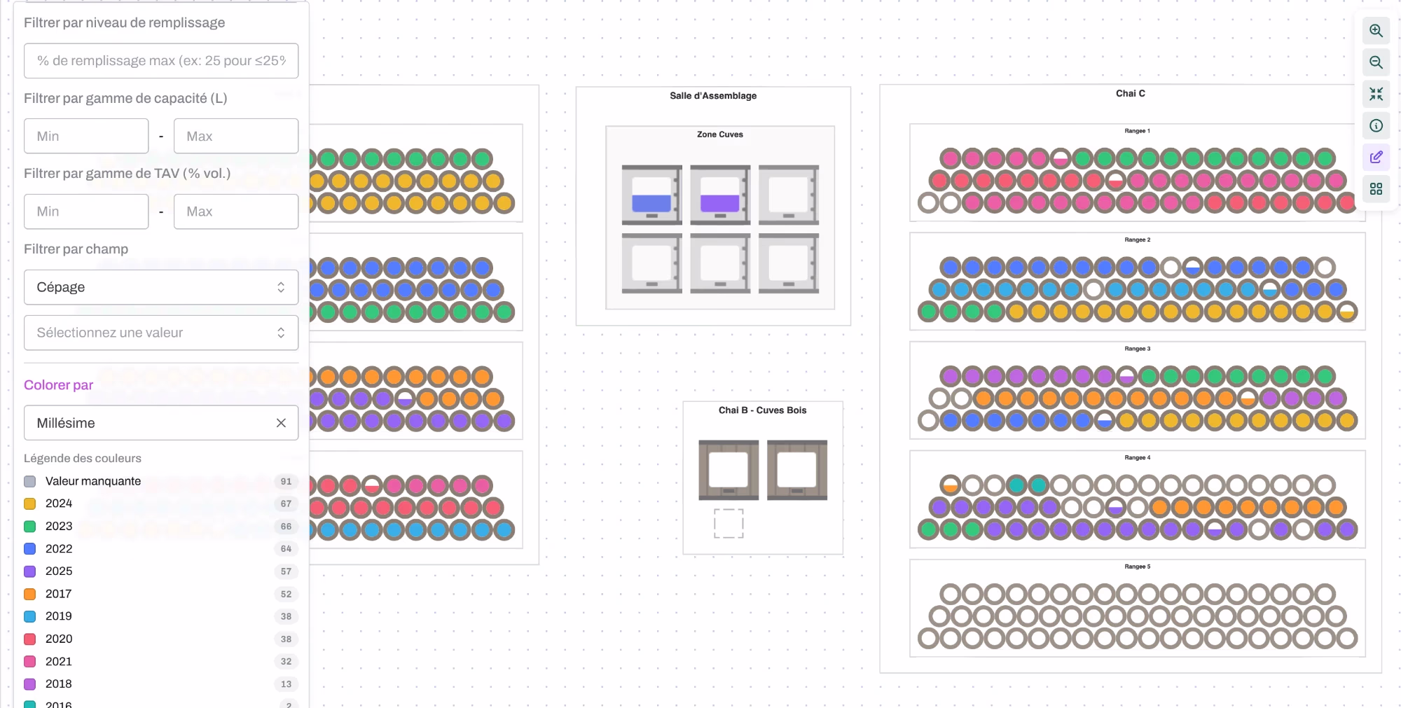 Labox Réserve site view with casks coloured by vintage and filters for fill level, capacity and ABV.