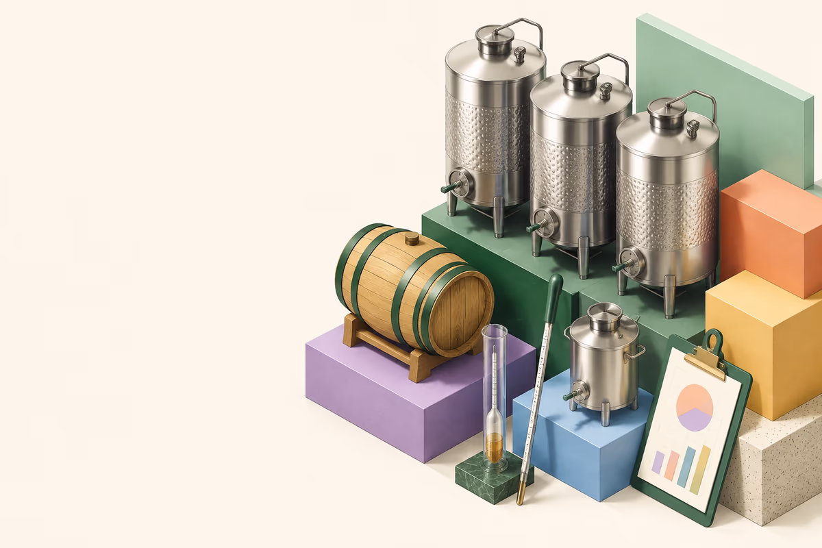 Illustration of a cellar with tanks, a cask, measuring instruments and blending equipment.
